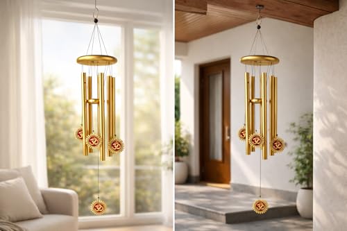 Image of Om Design Metal Wind Chime for Home Decor | Golden Hanging Wind Chimes for Balcony, Garden & Temple | Vastu & Spiritual Decorative Item