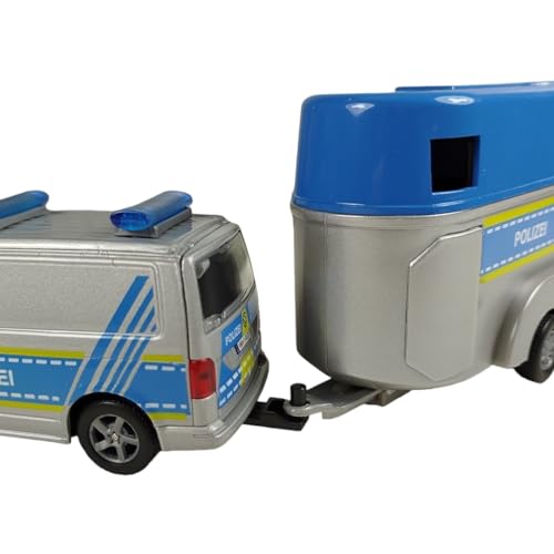 Kids Globe VW Transporter Polizei mit Pferdeanhänger Die Cast Pull Back 28cm, Spielzeug für Kinder, 520359, Blau