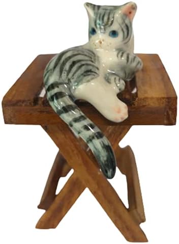 CoziNest Ceramic Tabby Cat Figurine Relaxed Gray Kitten Adorable Kitty Collectible Miniatures Dollhouse Hand Painted Animal Home Decor or Gift for Lovers with Chair # 1, 1.3in x 1.5in x 1.5in (W-L-H)