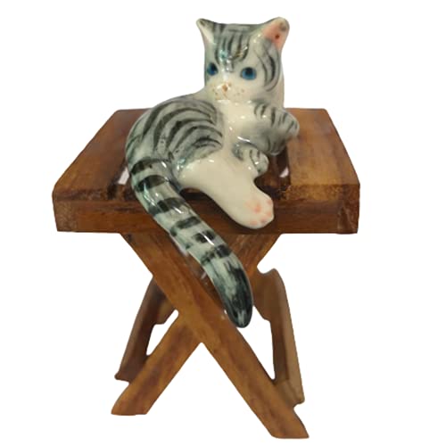 Cozinest Ceramic Tabby Cat Figurine Relaxed Gray Kitten Adorable Kitty Collectible Miniatures Dollhouse Hand Painted Animal Home Decor Or Gift For Lovers With Chair # 1, 1.3In X 1.5In X 1.5In (W-L-H) #TOP3