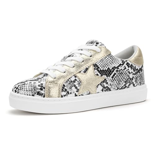 Image of PARTY Women's Fashion Star Sneaker Lace Up Low Top Comfortable Cushioned Walking Shoes,Podcast-White SNAKE-11