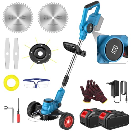 Desbrozadora Bateria, 3 en 1 Desbrozadora Electrica con 2 Baterías 3,0Ah, 20000RPM Motor sin Escobillas, Ruedas Extraíbles, Varilla Telescópica, Pantalla LCD, Cortabordes para Jardín, Césped, Arbustos