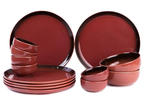 Image of Bodhi House Handcrafted Chip Resistance Porcelain Dinner Set, 14 Pieces Dish Set Serving for 6, Microwave and Dishwasher Safe, Bone-ash Free, Crockery Set for Dining and Gifting, Deep Red