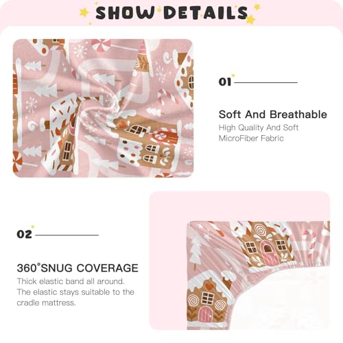 Image of Fitted Crib Sheets Gingerbread House Christmas Tree Pink Stretchy Portable Playard Sheets for Baby Toddler, Breathable Soft Mini Crib Mattress 39 x 27 in for Boys and Girls