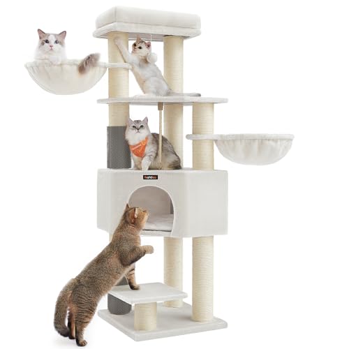 Feandrea Cat Tree for Large Cats, Heavy-Duty Cat Tower with Warm Pads, 2 Self-Groomers, 9 Scratching Posts, Large Perch, Cave, Baskets, 50 x 50 x 160 cm, Cream White and Beige PCT003W02