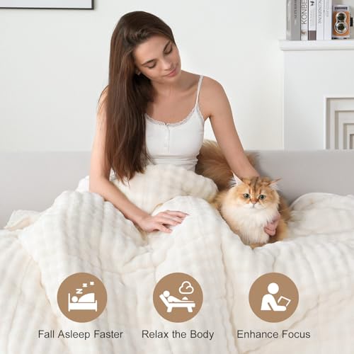 Image of Cottonblue Bubble Fleece Weighted Blanket 15lbs for Adults Queen Size Bed, Cozy Fuzzy Sherpa Flannel Weighted Blankets, Cute Warm Sofa Heavy Blanket for Calming & Sleeping, 60 inchx80 inch, Cream White