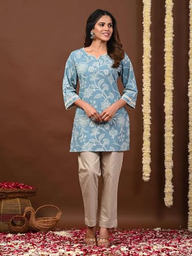 Image of Rimeline Women's Floral Printed Cotton Kurti Top | Round Notch Neck 3 /4 Sleeve Straight Fit Casual Tunic