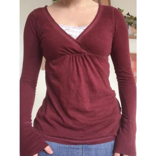 Image of Women Fairy Grunge Aesthetic Shirts Tops Long Sleeve V Neck Tops Girl Basic Slim Fit Blouse Streewear