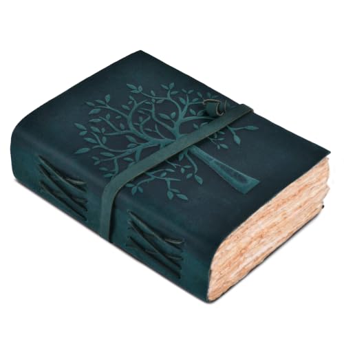 LEATHER VILLAGE Tree of Life Leather Bound Vintage Journal for Men & Women - Book of Shadows - Antique Deckle Edge Handmade Watercolor Paper for Writing, Drawing & Sketching - 8''X6'', Turquoise
