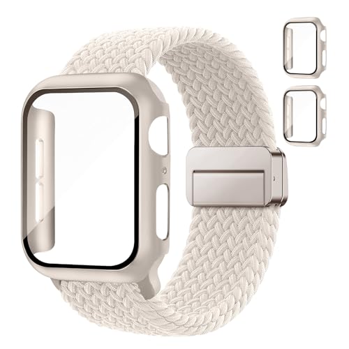 Braided Bands and Case for Apple Watch Bands for Women 40mm 44mm 46mm 42mm 45mm 41mm 38mm Men,Magnetic Nylon Sport Stretchy Solo Loop Elastic Strap with Cover for iWatch Series 11 10 9 8 7 6 5 4 3 SE