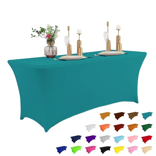 Image of IVAPUPU 6FT Table Cloth for Rectangular Fitted Events Stretch Lake Blue Table Covers Washable Cover Spandex Tablecloth Protector for Party, Wedding, Cocktail, Banquet, Festival