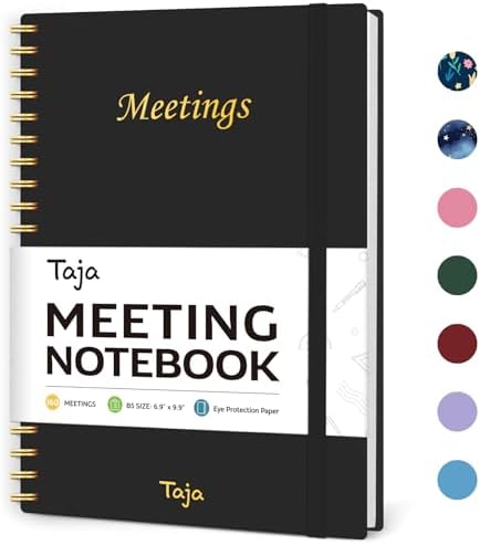 Meeting Notebook For Work Organization - Work Planner Notebook With Action Items, Agenda Planner For Note Taking, 160Pages (6.9" X 9.9") Project Planner For Men & Women - Black