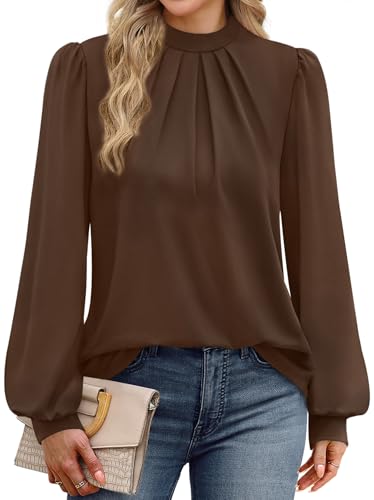 Image of WIHOLL Long Sleeve Shirts for Women Mock Neck Tops Pleated Front Blouses Dressy Casual Spring Fall Clothes 2026 Fashion