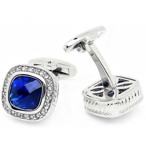 Mancuernillas plateadas con cristal azul cuadradas para hombre miniatura 5