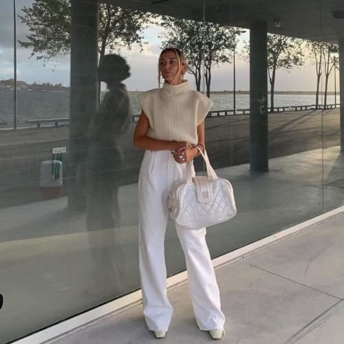 Shoulder Pad Sweater Ribbed Knit Sweater Top Women's Basic Sleeveless Turtleneck Sweater Vest Ribbed Knit Solid Color Fashion Shoulder Pad Knitted Top Tank Pullovers 0460 (Apricot,L) #TOP4