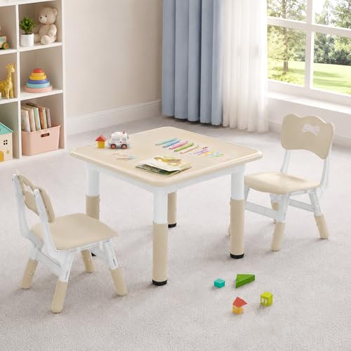 CuFun Height Adjustable Kids Table and Chairs Set (2 Chairs) for Ages 2-8 | Non-Slip Toddler Activity Table with Wipe-Clean Desktop, Montessori Learning & Art Drawing Desk for Home Preschool Classroom