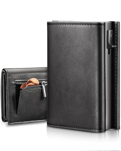 Wallet for Men - RFID Mens Wallet with Magnetic Pop Up Aluminum Case - Credit Card Holder Trifold Minimalist Wallet with ID Window, Cash Slot in Gift Box