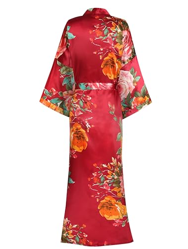 Image of Women Silk Kimono Robe Long Floral Bridesmaids Robes Satin | Wedding Party Bridal Getting Ready Robe Lightweight Dressing Gown Loungewear Sleepwear