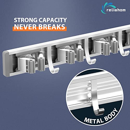 Image of reliahom Broom Holder Wall Mount Mop Hanger Tools organizer 5Racks 4Hooks | Adjustable Mop Broom Wall Hanging Heavy duty Tools Storage Rack Space-saving for Garage,Kitchen,Laundry Room,Garden, Silver