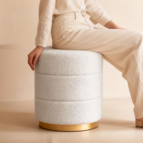 Madera Nieve Taburete Redondo de Borreguito Blanco con Borde Dorado, ottomana Teddy para salón, Dormitorio, vestidor y Entrada