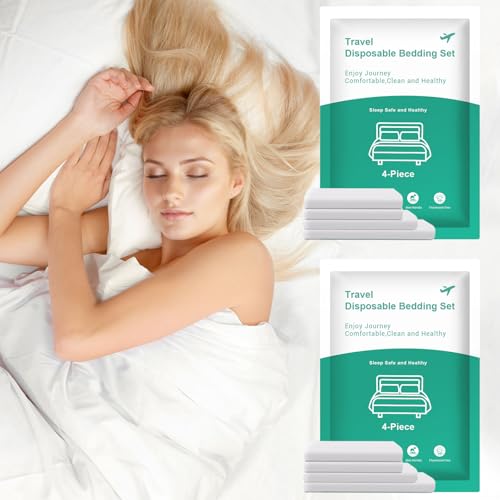 BREENHILL 2 Pack (8 PCS) Disposable Bed Sheets for Travel, Queen Size Disposable Sheet with Quilt Cover and Pillowcase, Disposable Bedding Sheet, Travel Hotel Essentials for Hotel,Cruise