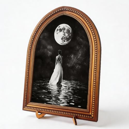 Victorian Gothic Moonlit Woman Arched Wood Frame Tabletop Decor, Wall Art