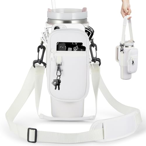Image of Water Bottle Carrier Bag with Phone Pocket for Cream Stanley 40 oz Tumbler with Handle, Cream Insulated Neoprene Cup Holder Pouch Strap for Stanley Cup Accessories