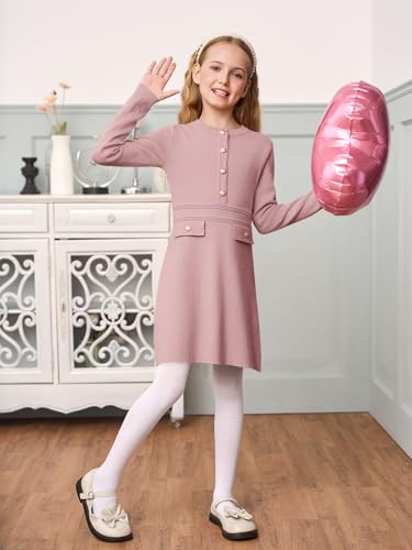 Haloumoning Girls Long Sleeve Sweater Dress Kids Casual Front Button A-Line Knit Fall Dresses 5-14 Years4