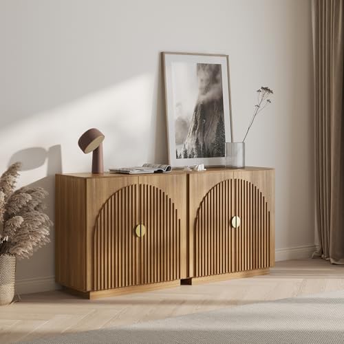 Image of BELLEZE Set of 2 Modular Fluted Sideboard Buffet Cabinet with Storage, Mid-Century Modern Console Sideboard with Symmetrical Arched Doors, Credenza for Kitchen and Living Room, Caramel Brown