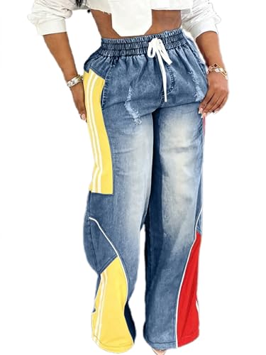 Angsuttc Baggy Wide Leg Jeans for Women Color Block Patchwork Denim Pants with Drawstring Elastic Waist