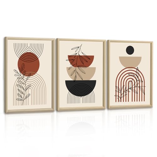 3Pcs Beige Boho Cuadros Decoracion Salon Con Marco Estética Hoja Pintar Lienzos Decorativos Moderno Redondo Geométrico Línea Cuadro y láminas Imagen Decorativa Dormitorio Comedor Oficina 30x40cmx3