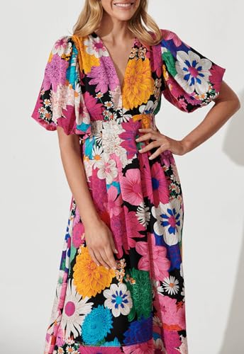 Image of Maxigerui Women's Summer Floral Maxi Dress Spring Wedding Guest Dress 2026 Rose Red Multi Floral L