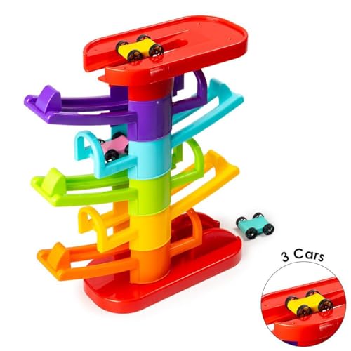 Image of Ratna's 3 in 1 Thunder Racer Track Car Ramp 5 Layer Ball Drop & Roll Swirling Tower Toys for Baby and Toddler | Stack, Drop & Go Ramp Toy Set Includes 3 Cars, 3 Sliders & 1 Ball