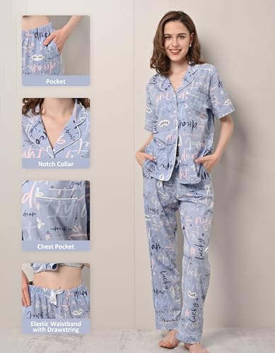 Image of NAP BOUND 100% Cotton Women's Pajama Sets Short Sleeve Button Down Soft Pjs 2 Piece Lounge Set with Pocket Nightwear XS-XXL
