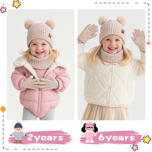 Image of Kids Winter Hat Gloves Scarf Set,Toddler Girls Winter Hat Kids Beanie with Pom Neck Warmer Gaiter Mittens Fleece Lined Set