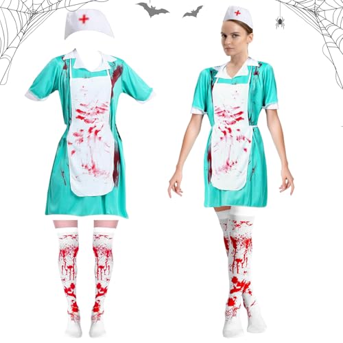 Booaee Halloween Krankenschwester Kostüm,Halloween Kostüm Damen Blau Blutige Krankenschwester Verkleidung Halloween Horror Nurse Zombie Costume mit...