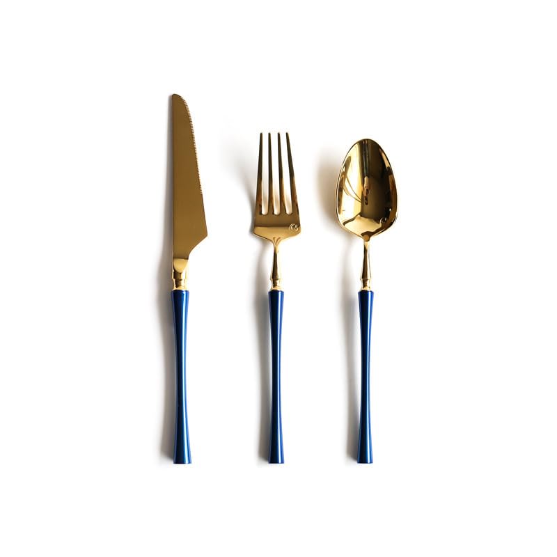Besteckset, Besteckset, Retro-Edelstahl 304, hochglanzpoliert, Blaugold, Haupttafelmesser, Gabel und Löffel, Blaugold, 30-teilig für 1 Person (Blaugold, 36-teilig für 12 Personen)