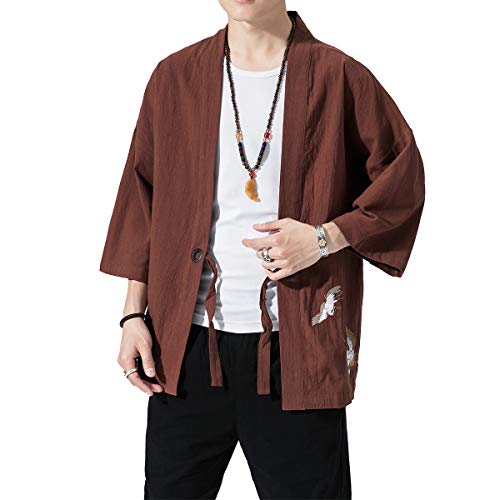 Image of PRIJOUHE Men's Kimono Jackets Cardigan Lightweight Casual Cotton Blends Linen Seven Sleeves Open Front Coat Outwear