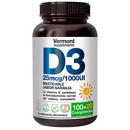 Vitamina D 1000UI - 120 Comprimidos Masticables de Vitamina D3 Sabor Naranja | Huesos y Dientes más fuertes, Favorece al funcionamiento del Sistema Inmunitario - Vermont Supplements Vitamina D 1000UI - 120 Comprimidos Masticables de Vitamina D3 Sabor Naranja | Huesos y Dientes más fuertes, Favorece al funcionamiento del Sistema Inmunitario - Vermont Supplements