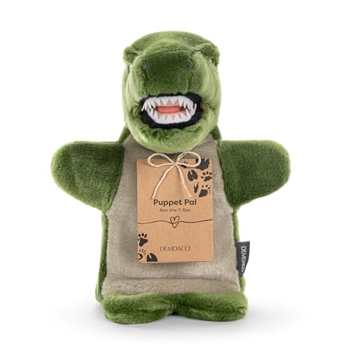Image of DEMDACO Animalcraft 11 x 8 Inch Soft Polyester Plush Huggable Stuffed Animal Hand Puppet, Green and Tan, Rex The T-Rex