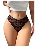 WDIRARA Women's Lace Lip Print Thongs Chain Cut Out Low Rise Panties Lingerie Underwear Black Large
