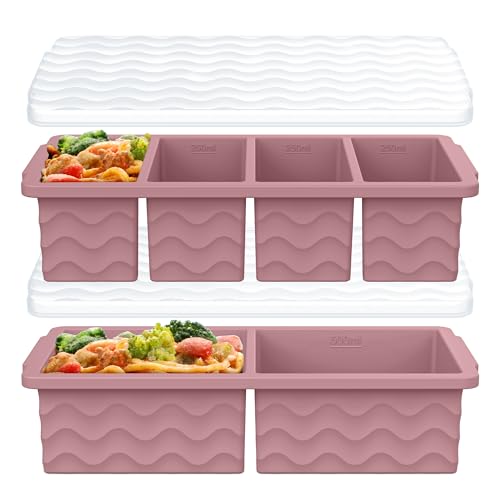 Image of Silicone Freezer Molds for Soup with Lid, 1-Cup & 2-Cup Large Ice Cube Trays Food Storage Containers for Meal Prep, Freeze 500mL /250mL /125mL Portions - 2 Pack