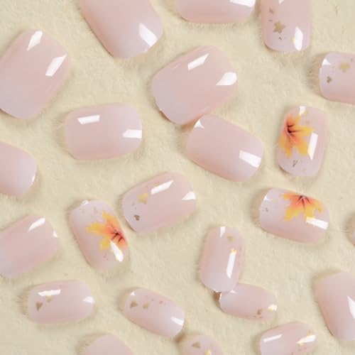 BFY Fall Press on Nails Short Square Gold Maple Leaf Foil Fake Nails, White Gradient Acrylic Nails, Shiny Natural Fit Glossy Gel Manicure Stick on Nails with Glue, False Nails Kit 12Sizes 24Pcs - Image 4
