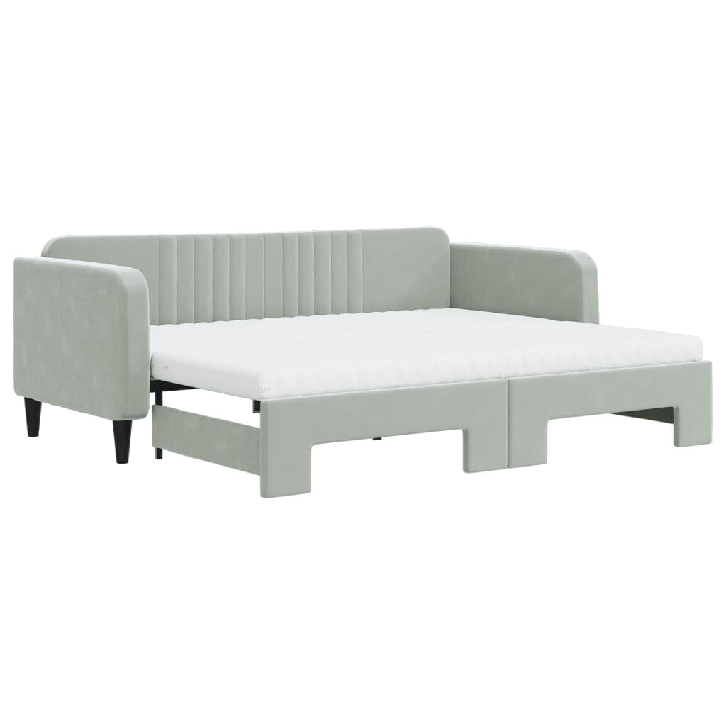Łóżko dzienne wysuwane z materacem, jasnoszare, 90 x 200 cm, aksamitne obicie, metalowa i drewniana rama, sofa do spania do pokoju gościnnego, nowoczesne wzornictwo