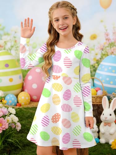Image of Ithalt Girls Easter Dress Bunny Print Shirts Easter Long Sleeve Dresses Litter Girls Christian Easter Gifts 5-12y