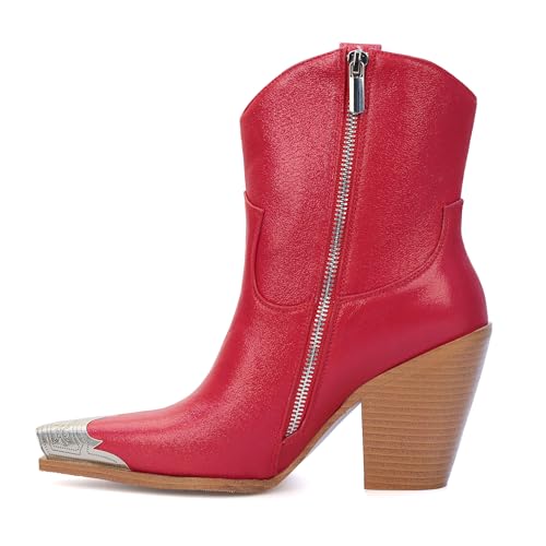 Image of Cowboy Ankle Boots for Women Engraved Steel Toe Cowgirl Boots Stacked Block Heels Short Cowboy Boot Fashion Dressy Western Country Booties
