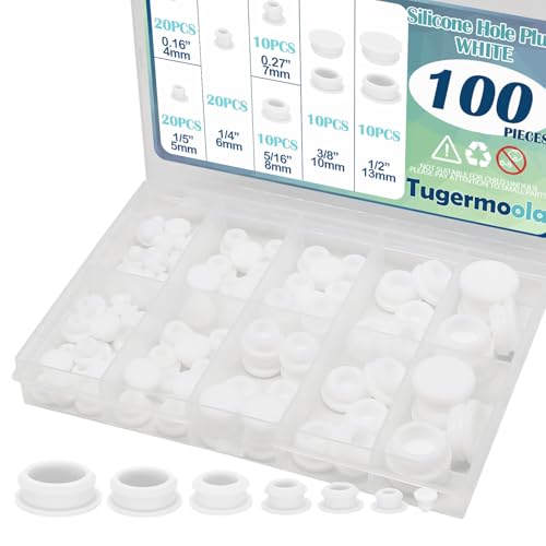 Tugermoola 100PCS 7 Sizes Small Silicone Hole Plug Rubber Plugs for Holes Assorted Sizes 1/5 1/4 5/16 3/8 1/2 Rubber Plug White