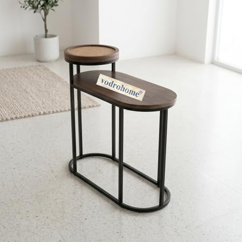 Image of Charcoal Rattan Cane Side Table with Glass Top, Honey 3 | Bohemian Style, Solid Mango Wood, Cane Iron Construction, Nesting Table, S#047