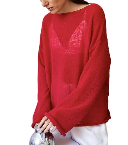 Image of Sweters for Women, Womens Sweater, O-Neck Solid Color See Through Pullover Jumper Shirt Beach