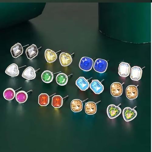 Image of 24Pairs /Set Colorful Earring Crystal Stone Stud Tops Multicolor Rhinestone Ear-Tops Kaan Ke Tops Artifical Jewelry Assorted Design And Color Korean Style Stud Earrings For Women And Girls